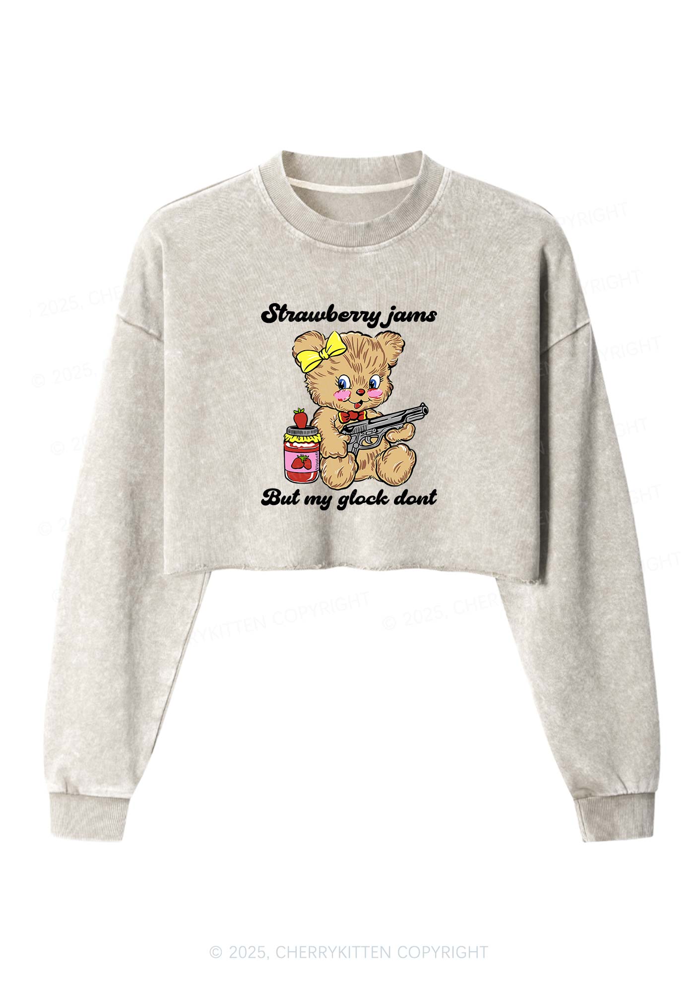 Strawberry Jams Bear Y2K Crop Washed Sweatshirts Cherrykitten