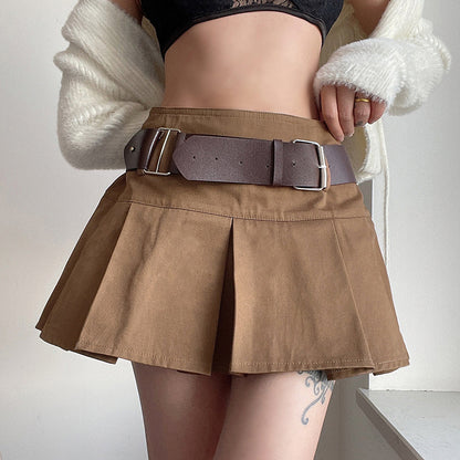 Belt High Waist Slim Casual Pleated Skirt