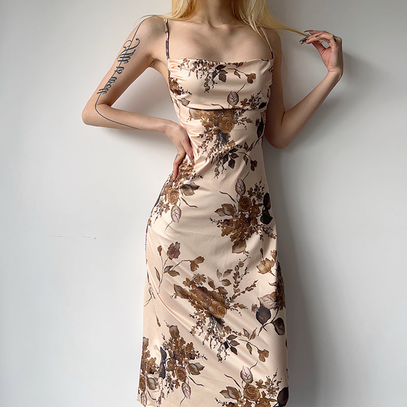 Retro Fashion Print One Shoulder Strappy Dress