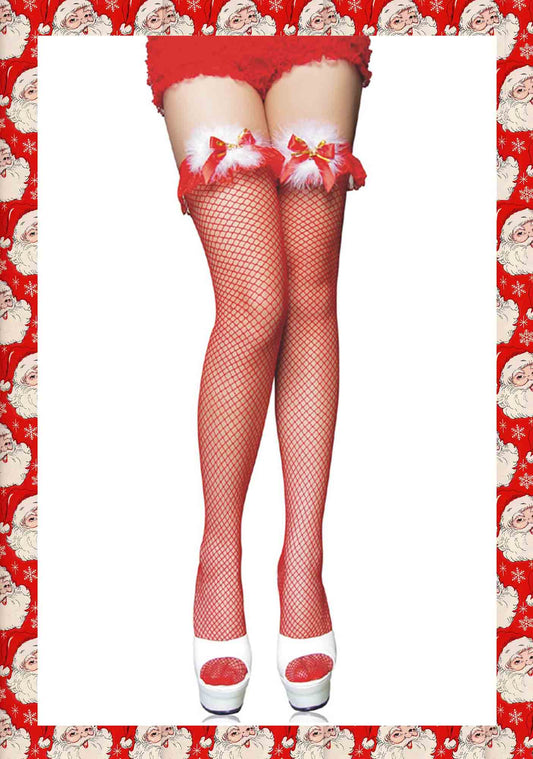Christmas Y2K Red Bow Knot Feather Fishnet Stockings
