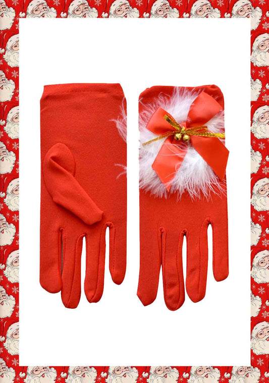 Cute Feather Bells Y2K Christmas Short Red Gloves