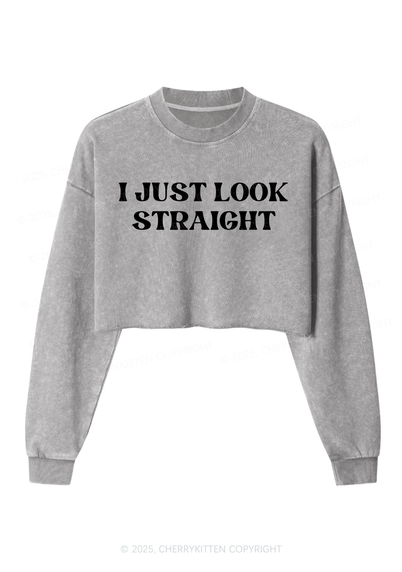 I Just Look Straight Y2K Crop Washed Sweatshirts Cherrykitten