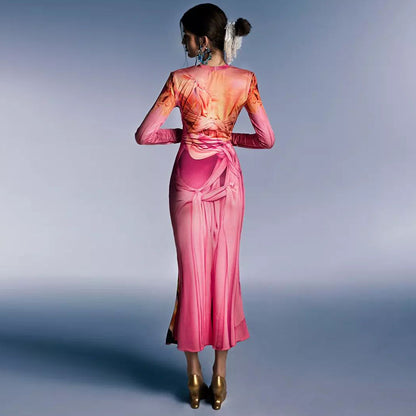 Fashion Print Long Sleeve Stand Collar Dress
