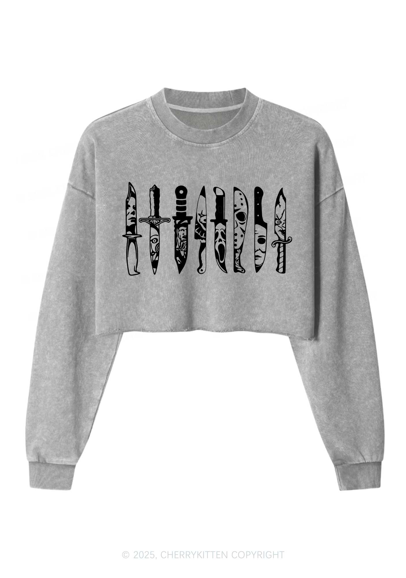 Halloween Grimace Daggers Y2K Crop Washed Sweatshirts Cherrykitten