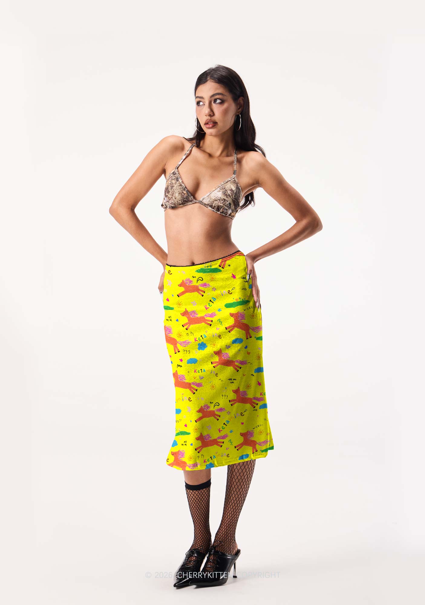 Orange Pony On Yellow Y2K Print Midi Skirt Cherrykitten