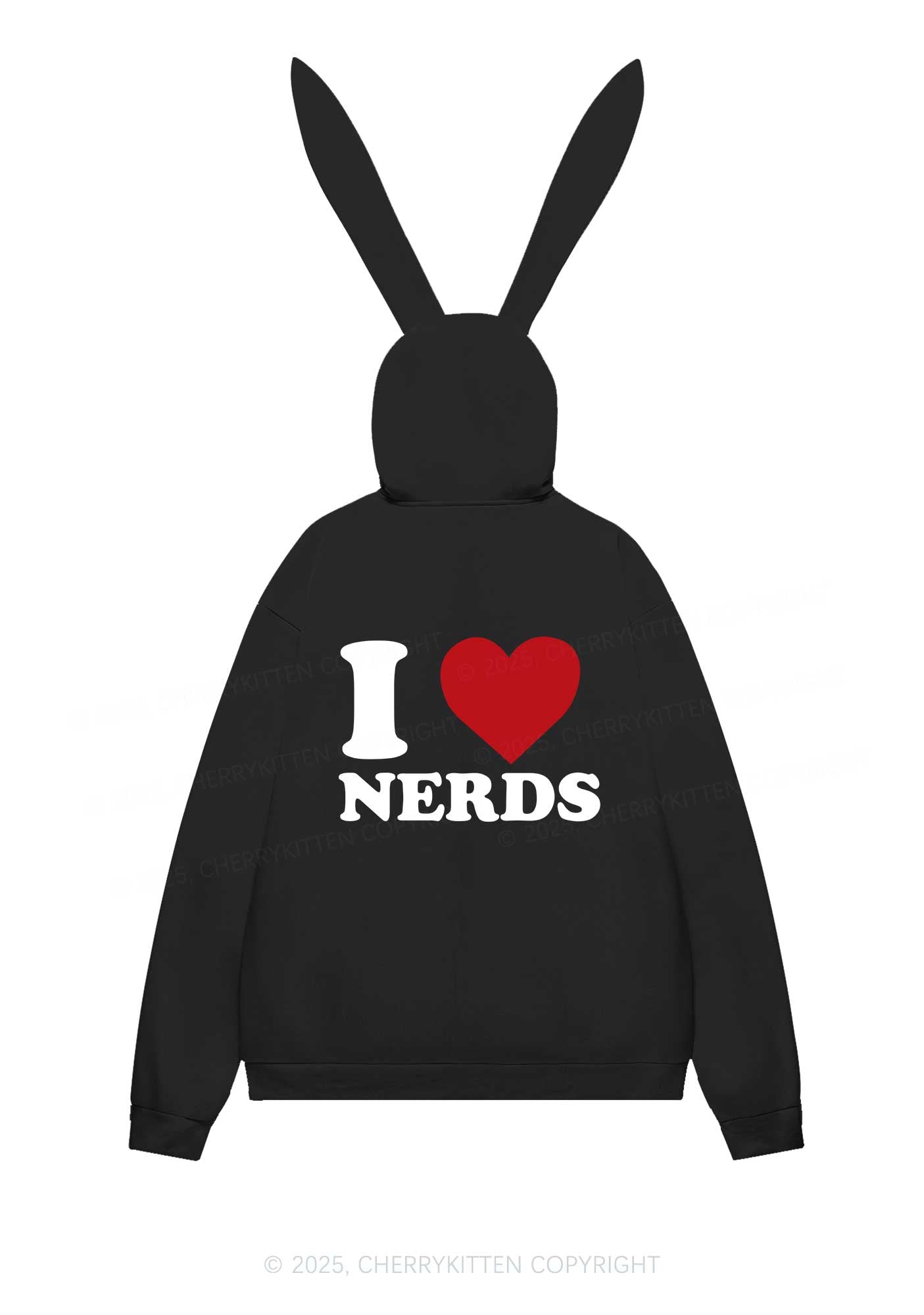 I Love Nerds Y2K Bunny Ear Zip Hoodie Cherrykitten
