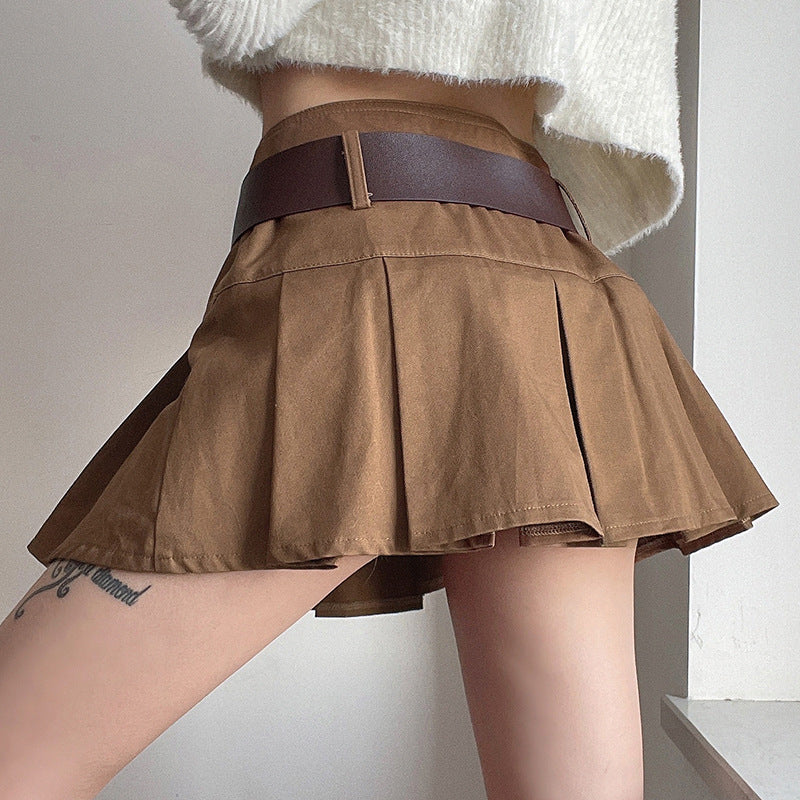 Belt High Waist Slim Casual Pleated Skirt