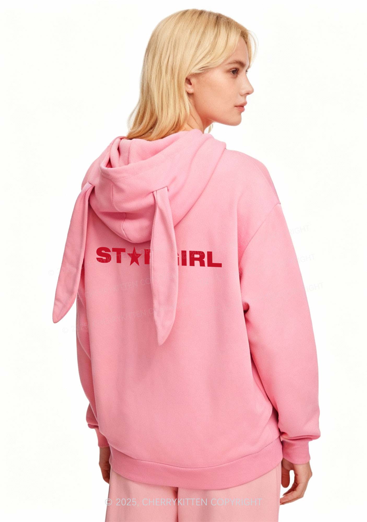 Red Stargirl Y2K Bunny Ear Zip Hoodie Cherrykitten