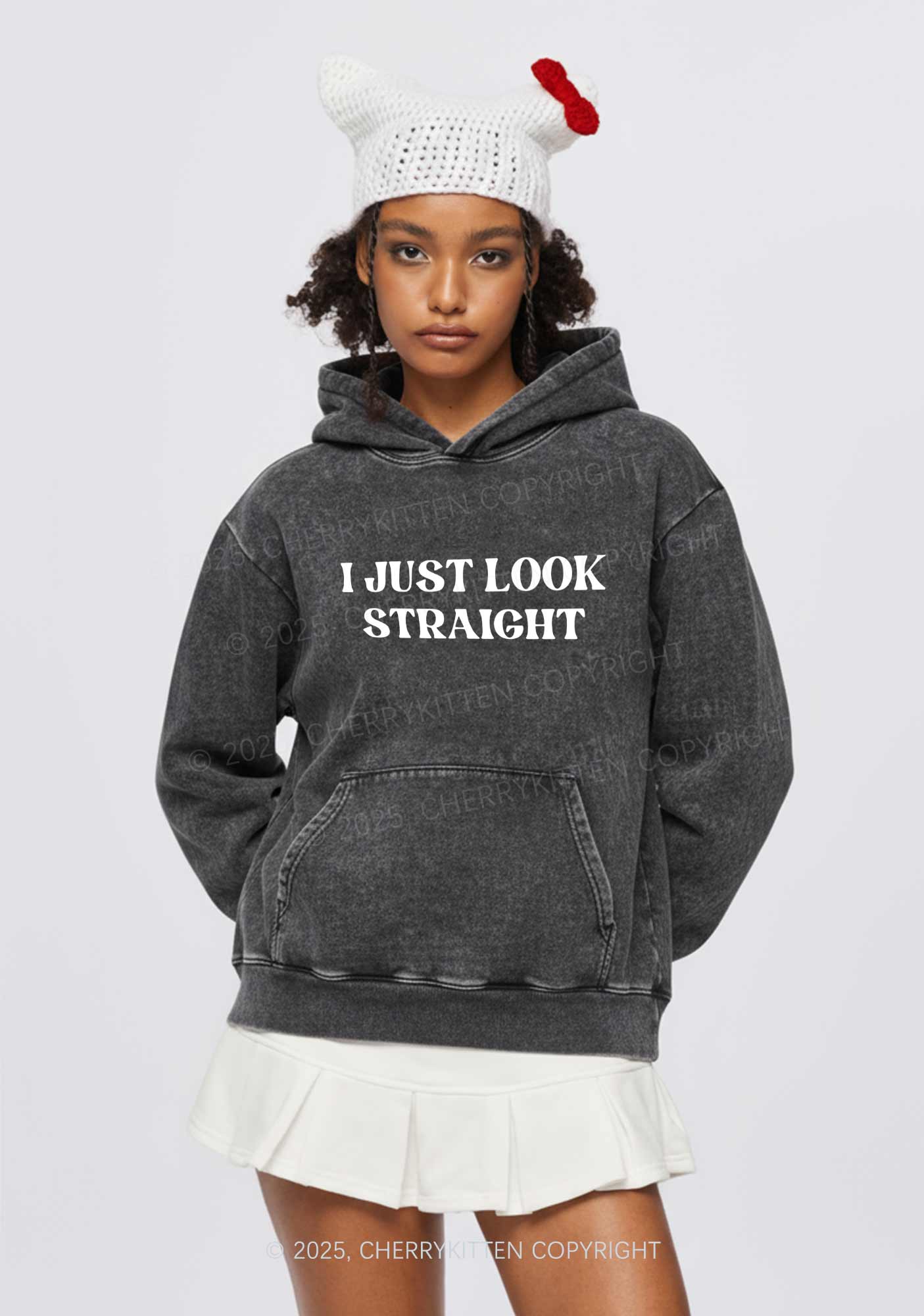 I Just Look Straight Y2K Washed Hoodie Cherrykitten