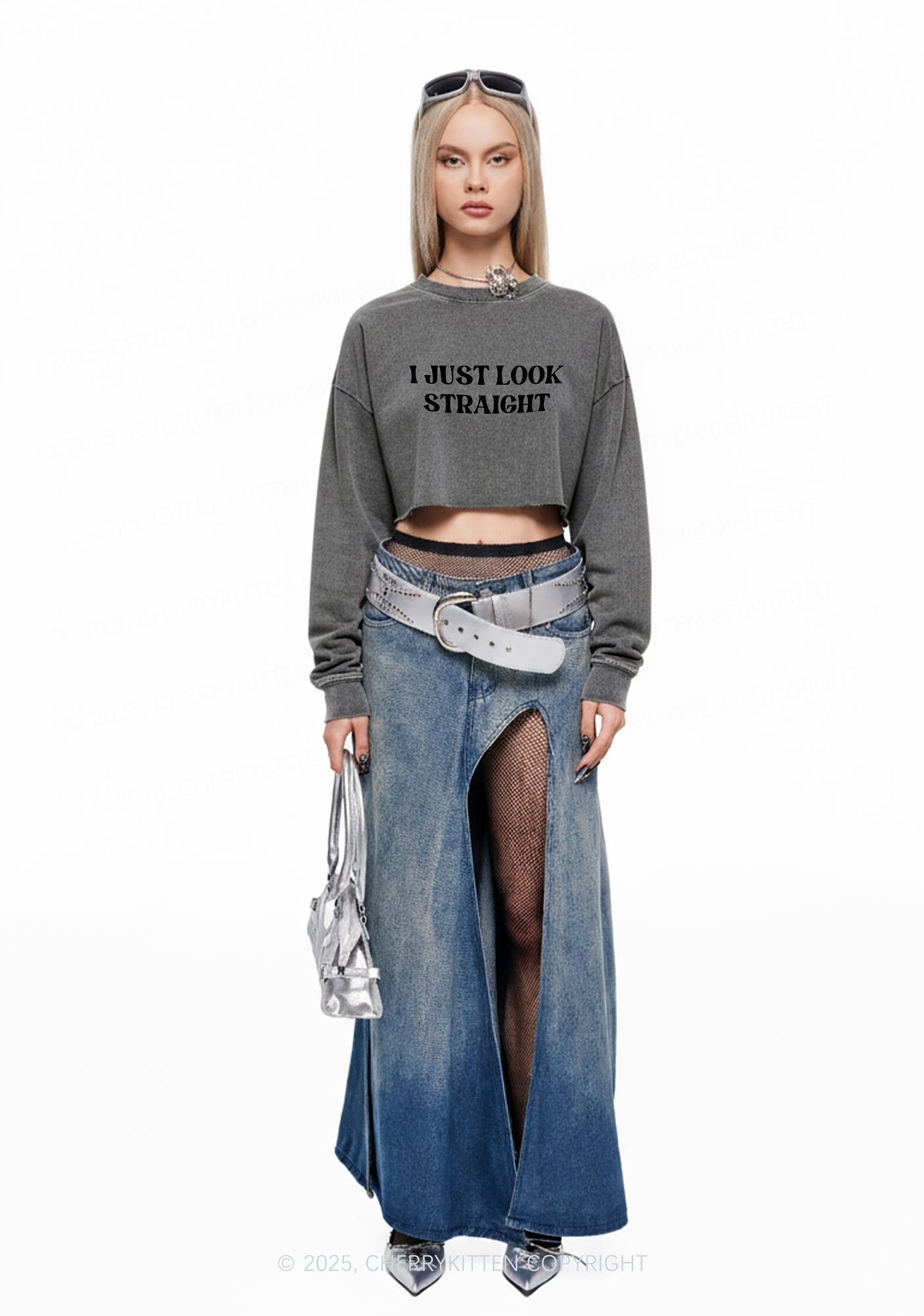 I Just Look Straight Y2K Crop Washed Sweatshirts Cherrykitten