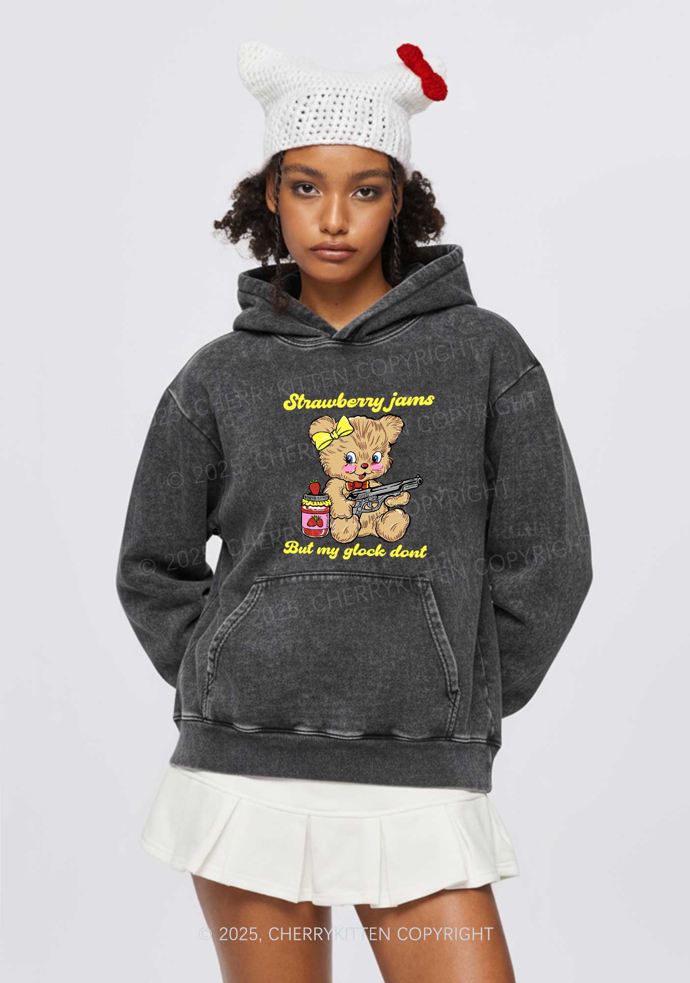 Strawberry Jams Bear Y2K Washed Hoodie Cherrykitten