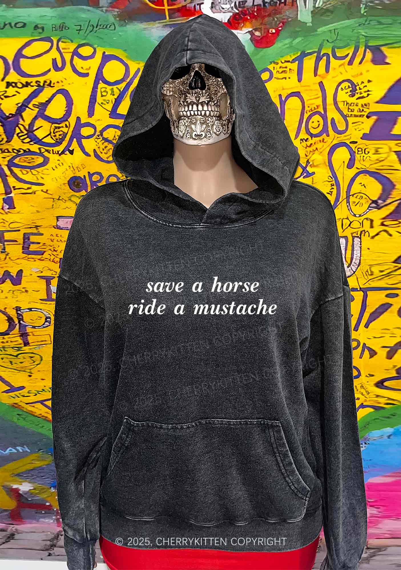Ride A Mustache Y2K Washed Hoodie Cherrykitten
