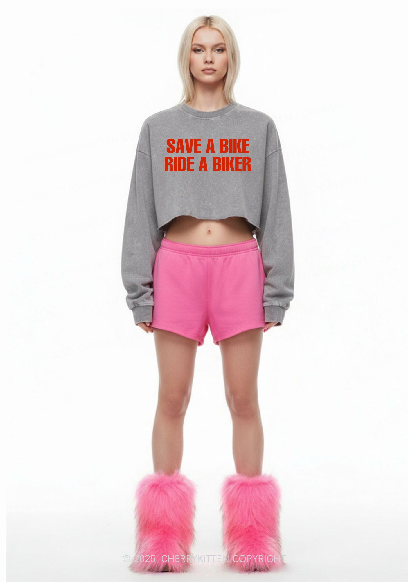 Save Bike Ride Biker Y2K Crop Washed Sweatshirts Cherrykitten