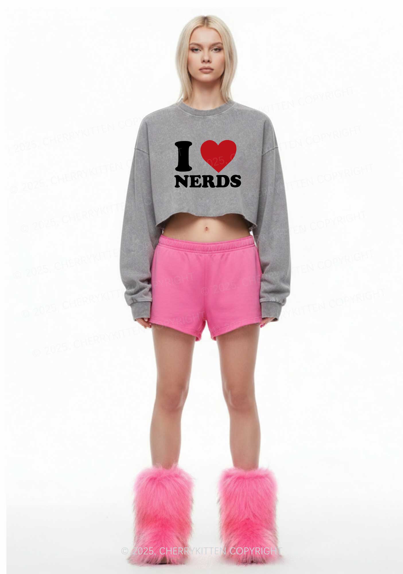 I Love Nerds Y2K Crop Washed Sweatshirts Cherrykitten