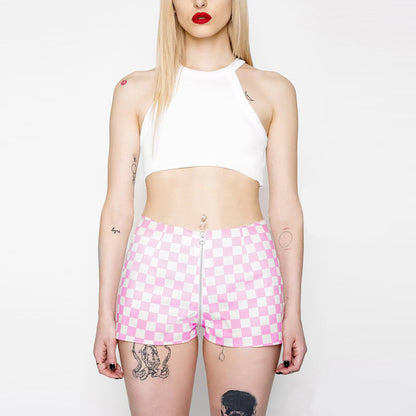 Pink Plaid Front And Rear Zipper Shorts