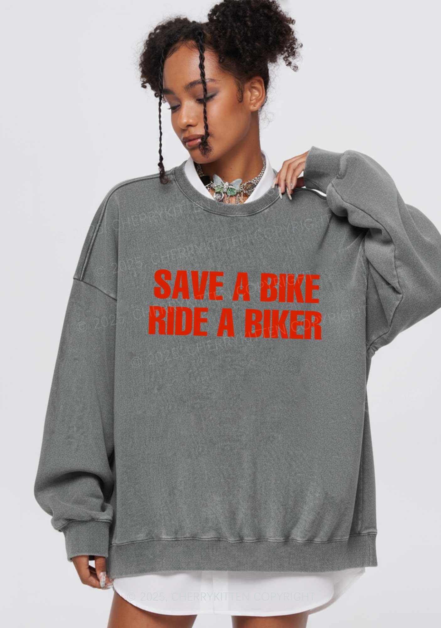 Save Bike Ride Biker Y2K Washed Sweatshirts Cherrykitten