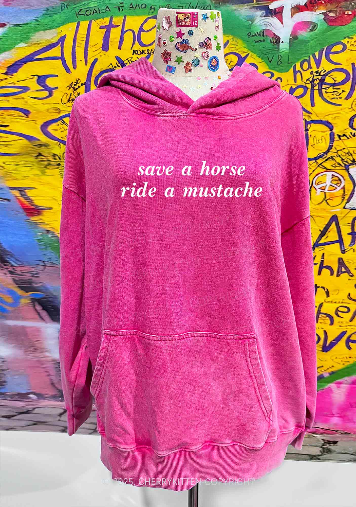 Ride A Mustache Y2K Washed Hoodie Cherrykitten
