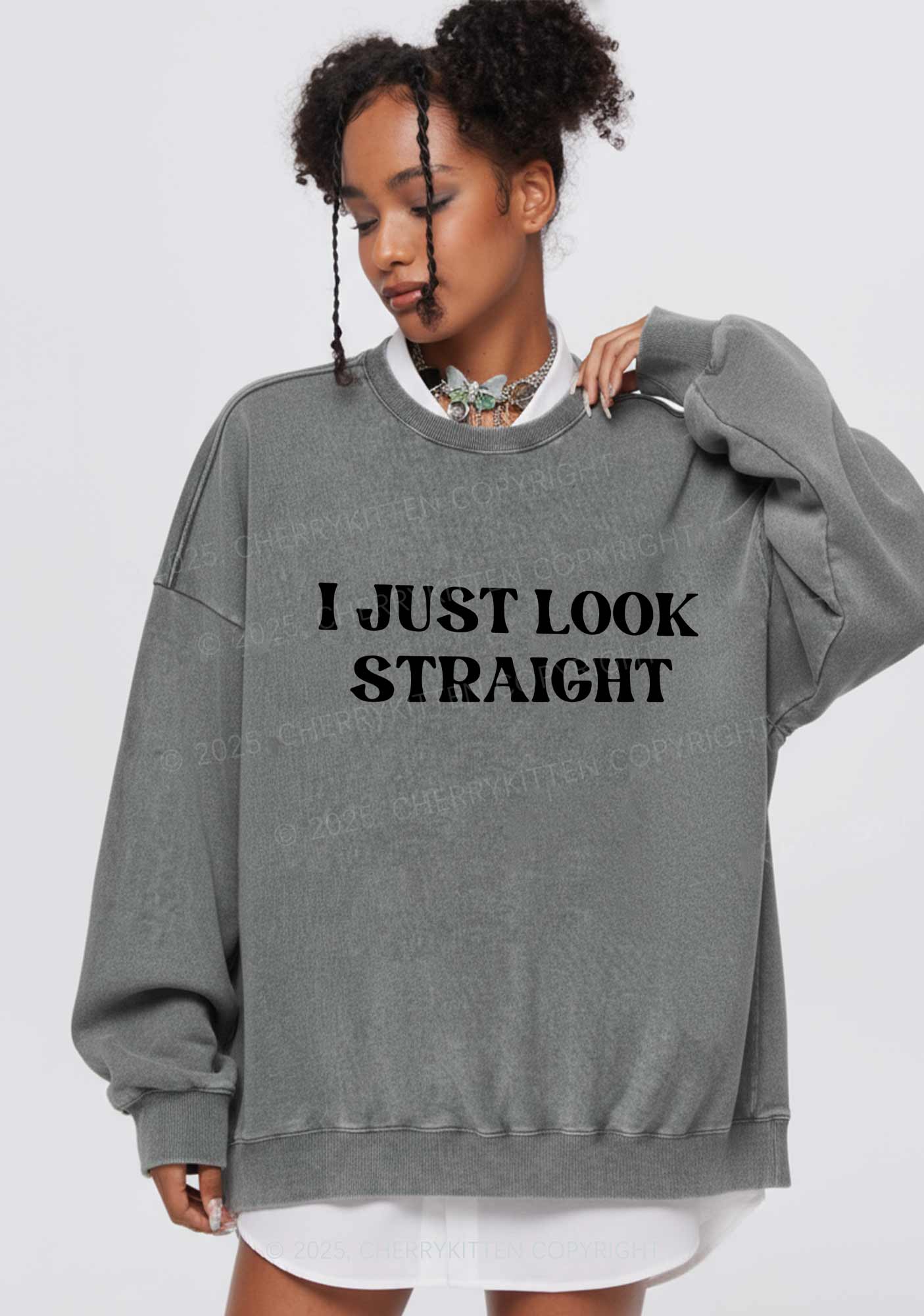 I Just Look Straight Y2K Washed Sweatshirts Cherrykitten