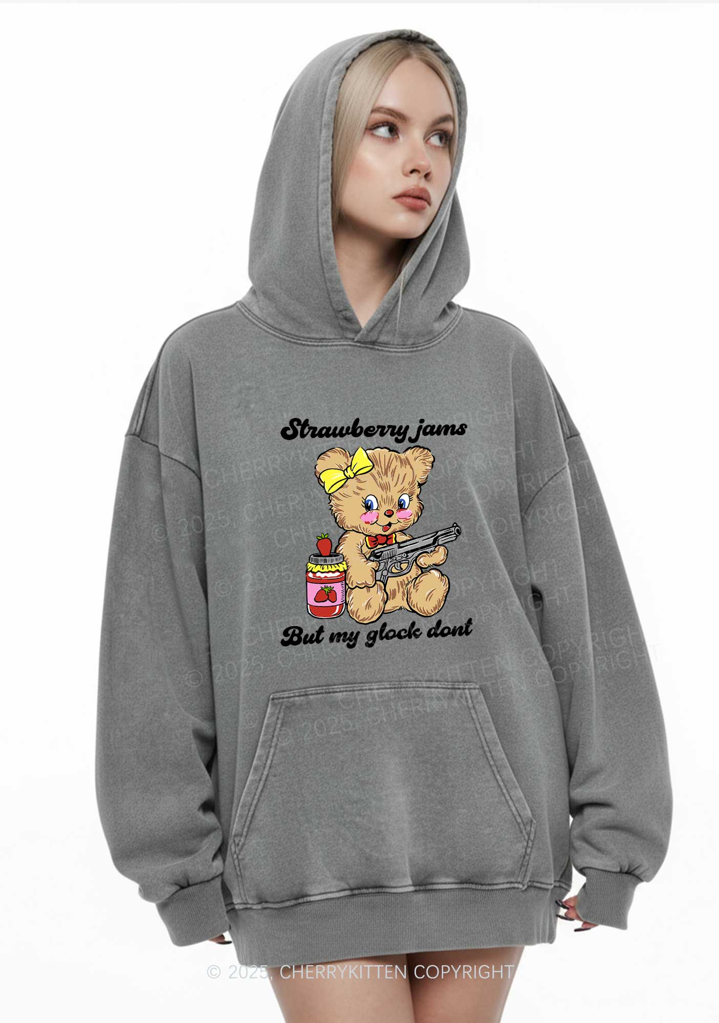 Strawberry Jams Bear Y2K Washed Hoodie Cherrykitten