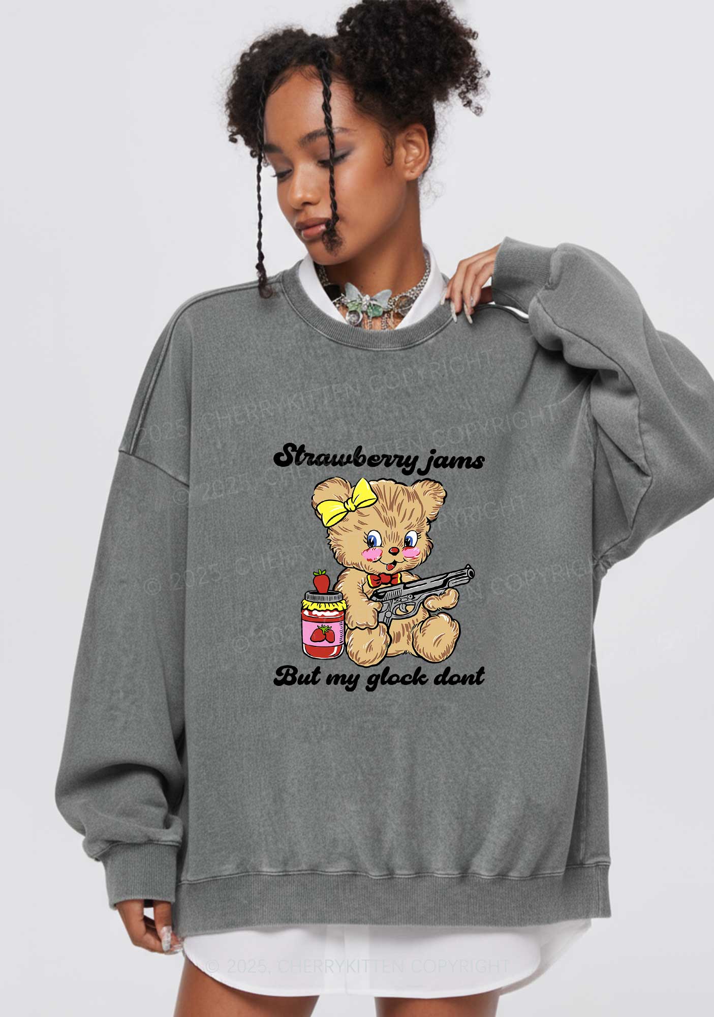 Strawberry Jams Bear Y2K Washed Sweatshirts Cherrykitten