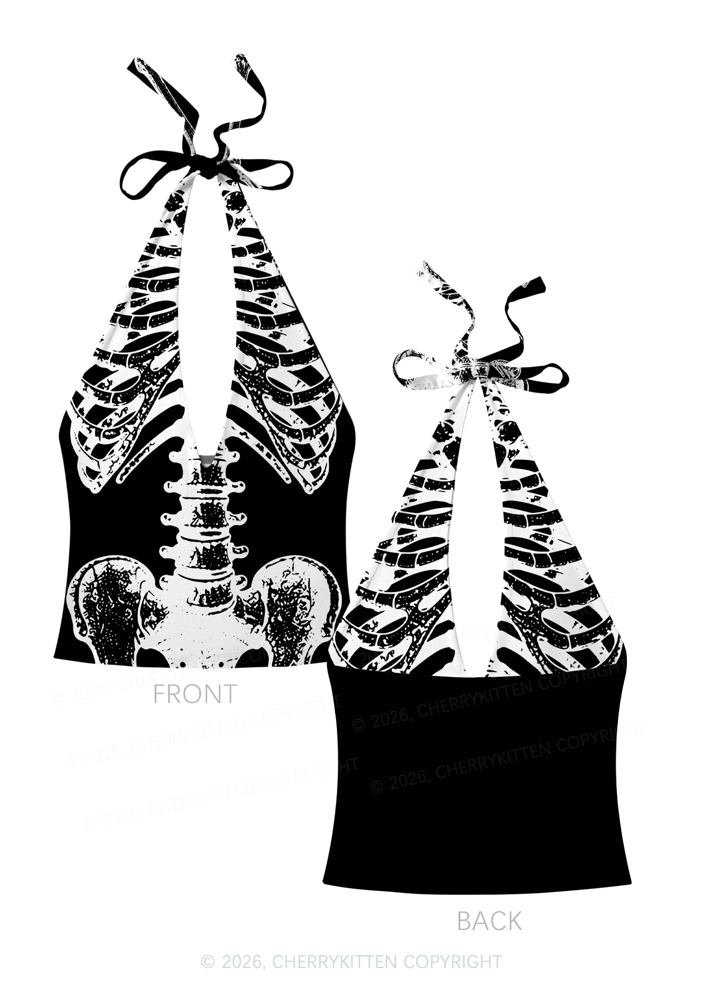 Halloween Anatomical Pelvis Y2K Print Halter Deep V Neck Cami Cherrykitten