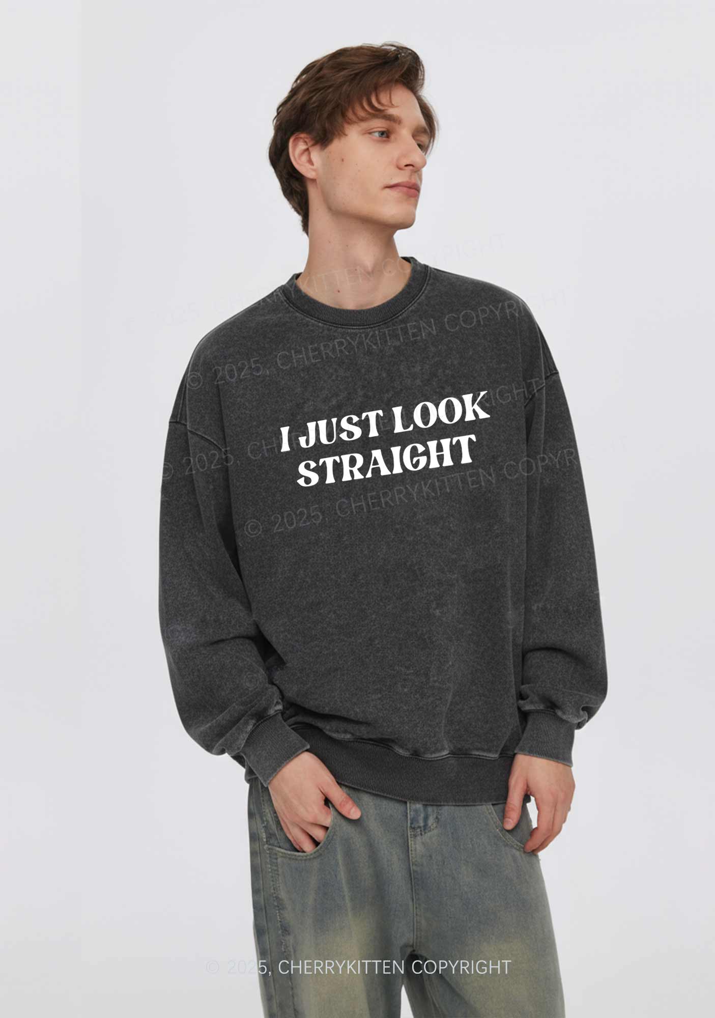 I Just Look Straight Y2K Washed Sweatshirts Cherrykitten