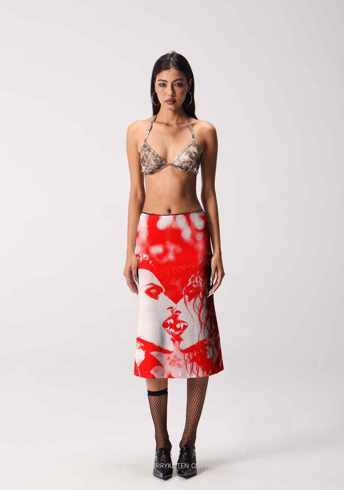 Halloween Red Pixels Vampire Couple Y2K Print Midi Skirt Cherrykitten