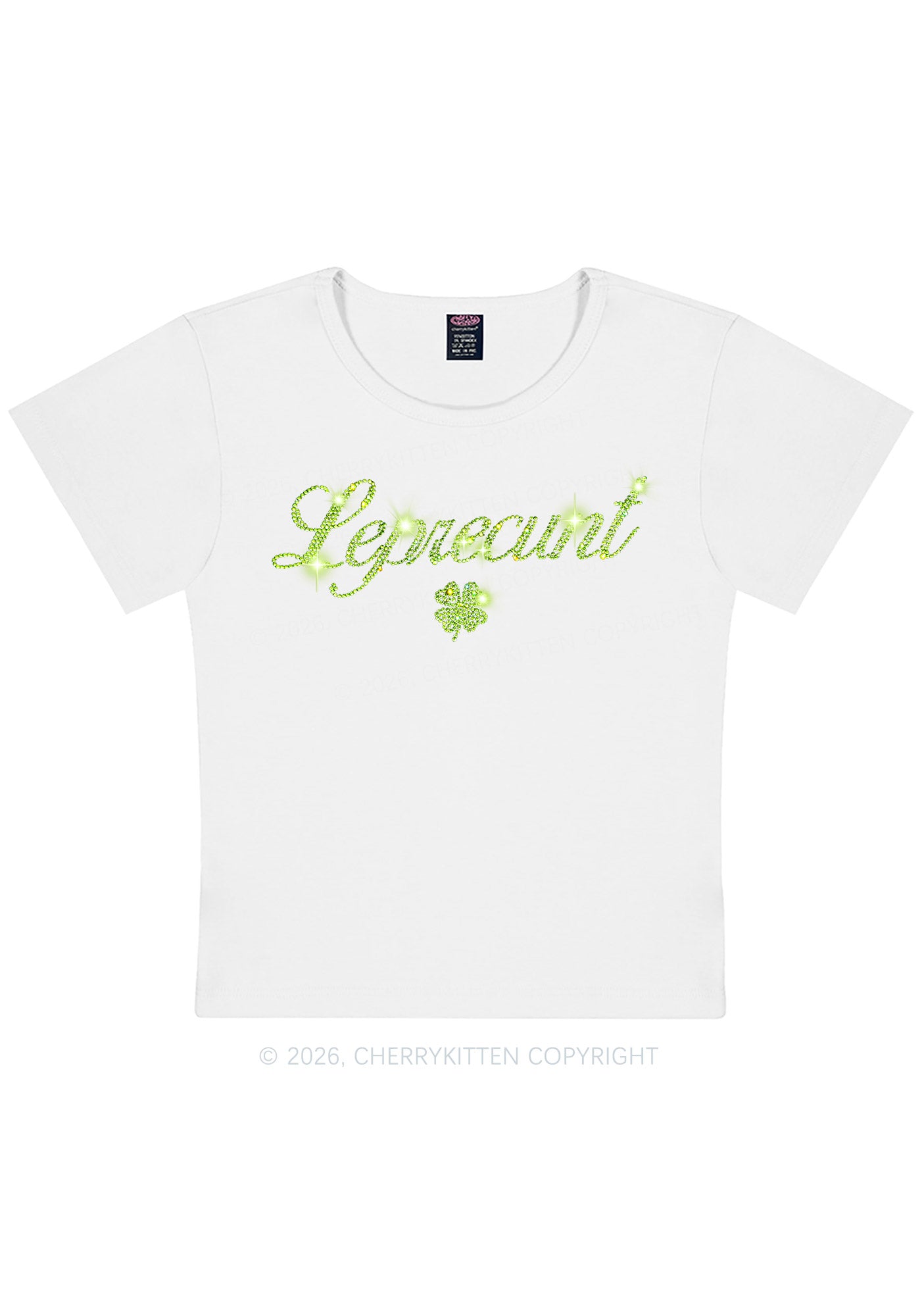 Rhinestone Leprecunt St Patricks Y2K Baby Tee Cherrykitten