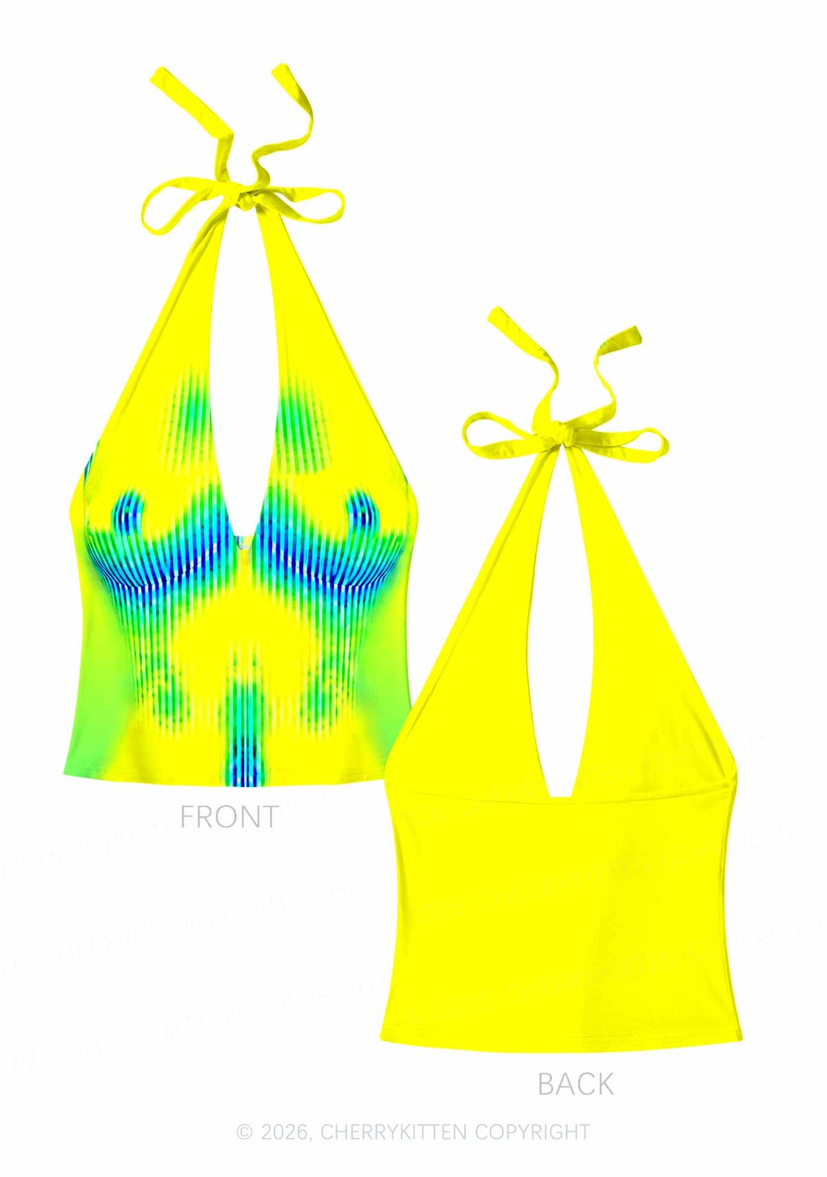 Yellow Thermal Female Body Y2K Print Halter Deep V Neck Cami Cherrykitten