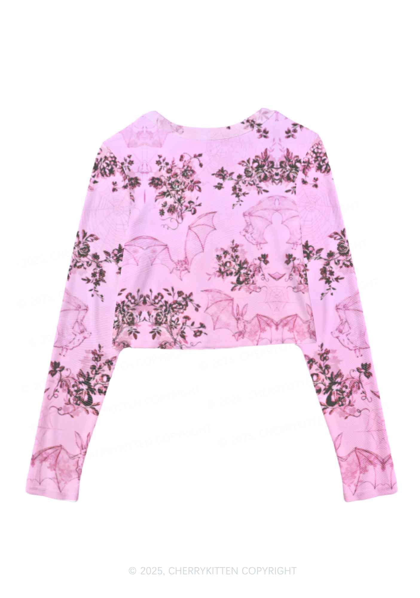 Pink Bat Y2K Mesh Long Sleeve Crop Top Cherrykitten