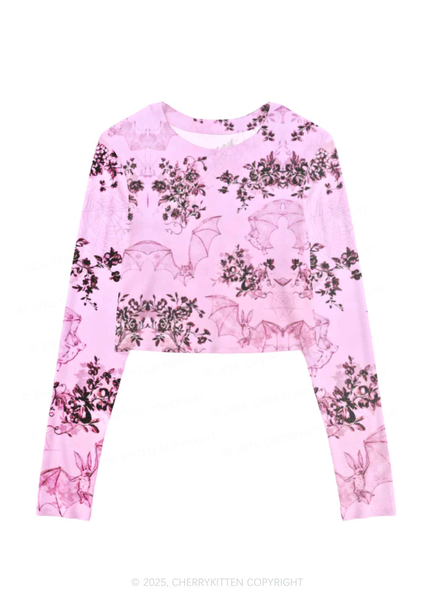 Pink Bat Y2K Mesh Long Sleeve Crop Top Cherrykitten