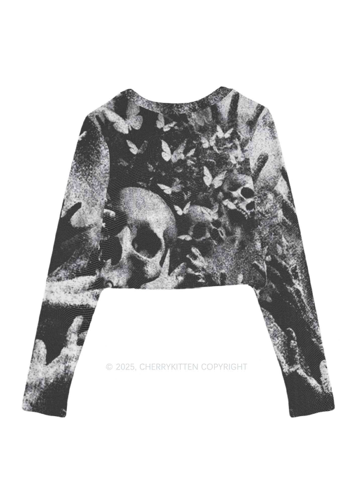 Halloween Gothic Skull Y2K Mesh Long Sleeve Crop Top Cherrykitten