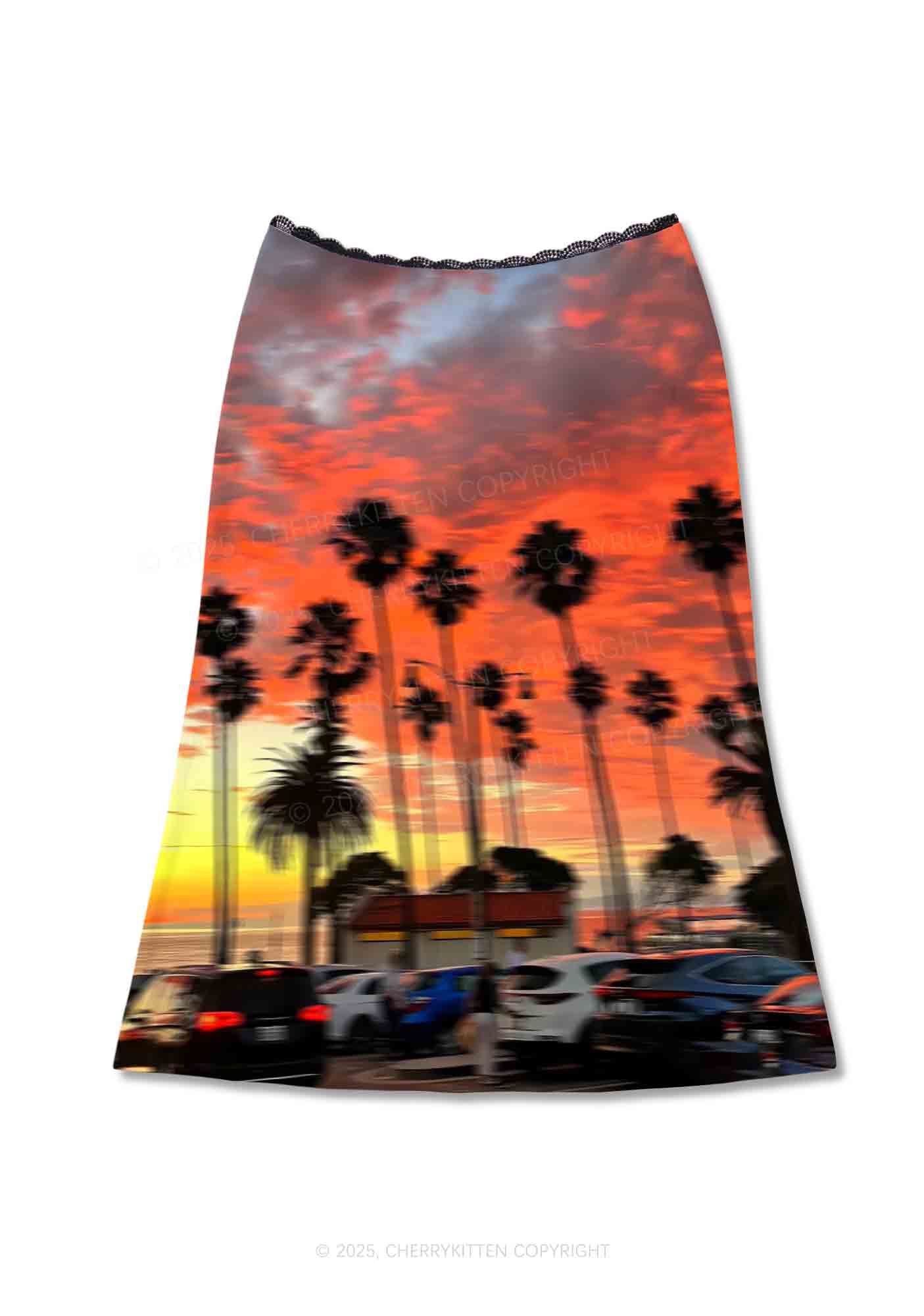 Sunset Palms Y2K Print Midi Skirt Cherrykitten