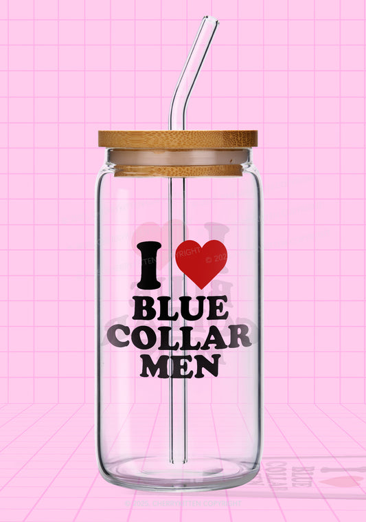 I Love Blue Collar Men Y2K Printed Glass Cup Cherrykitten