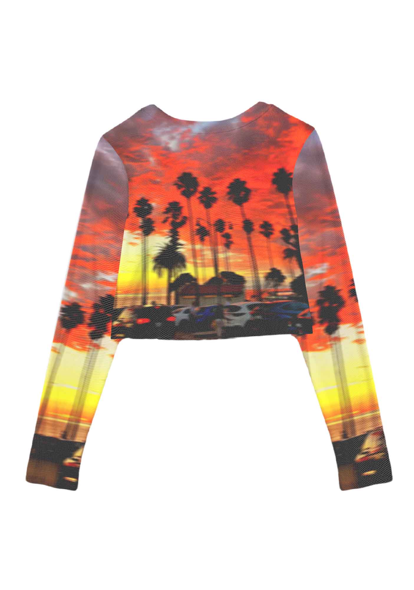 Sunset Palms Y2K Mesh Long Sleeve Crop Top Cherrykitten