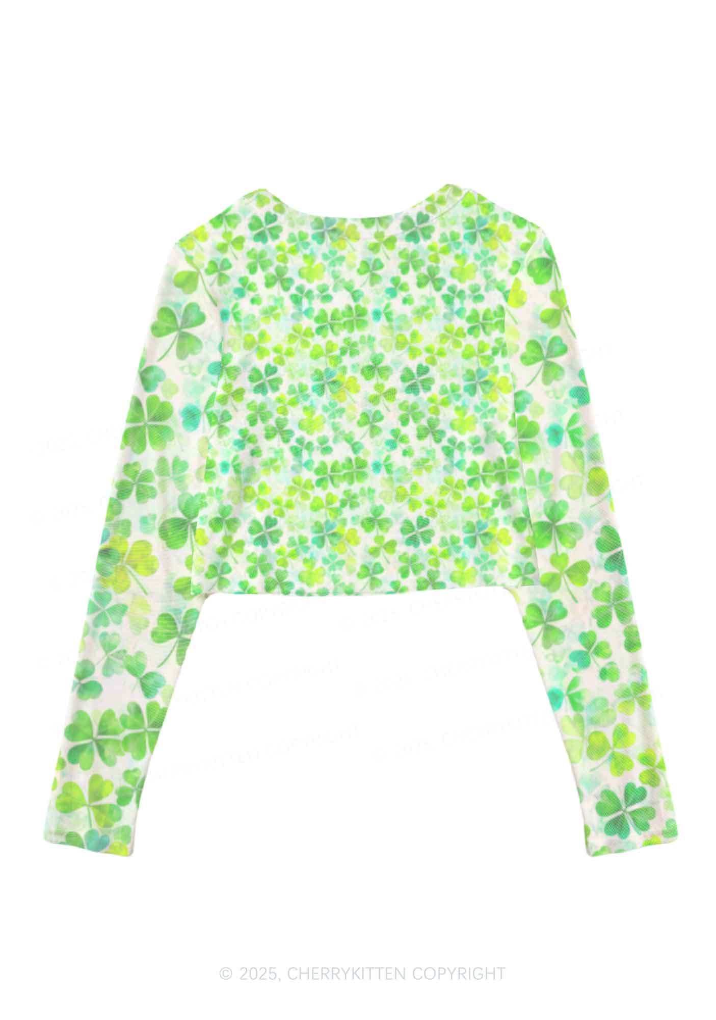 Green Shamrock Y2K Mesh Long Sleeve Crop Top Cherrykitten