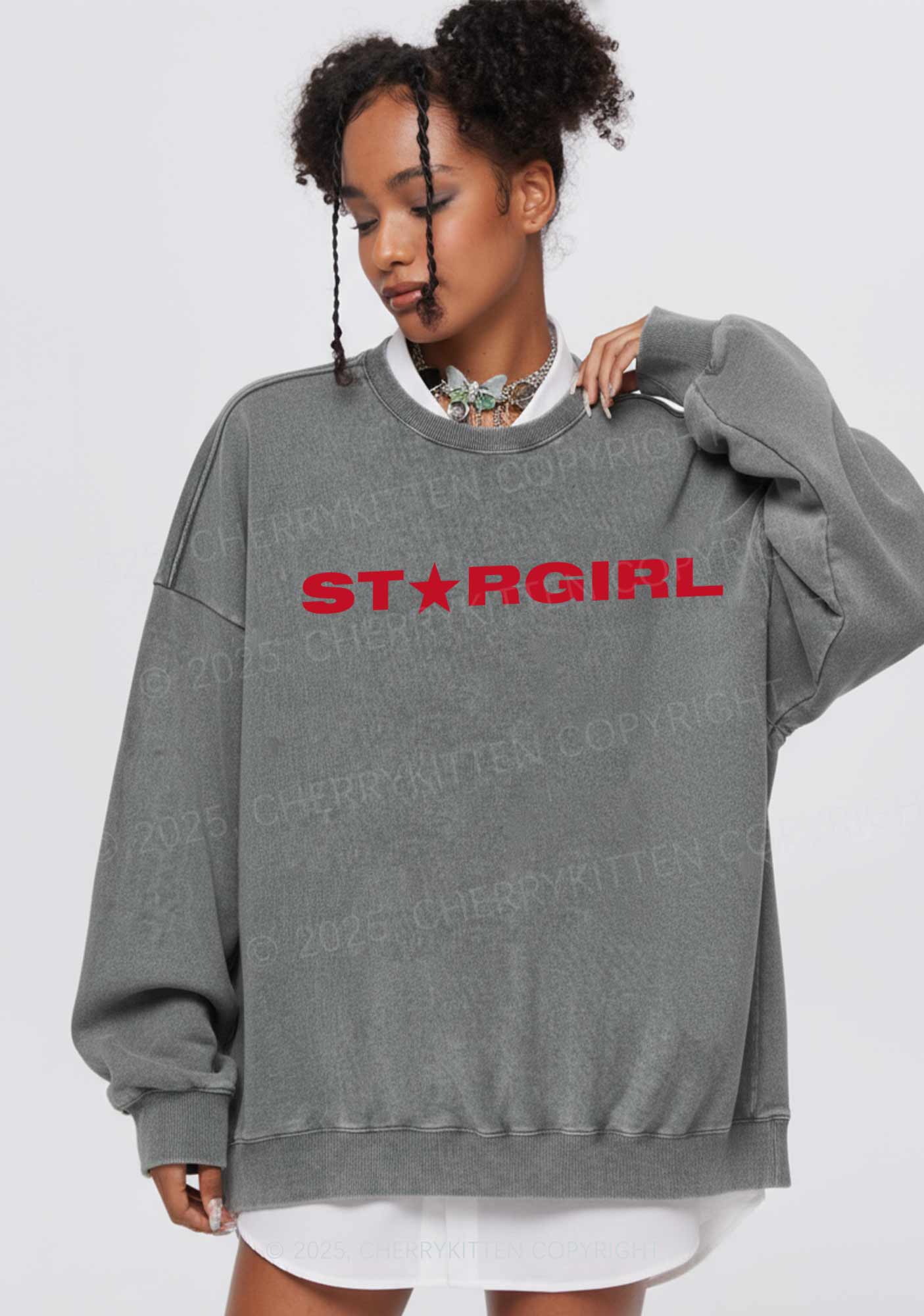 Red Stargirl Y2K Washed Sweatshirts Cherrykitten