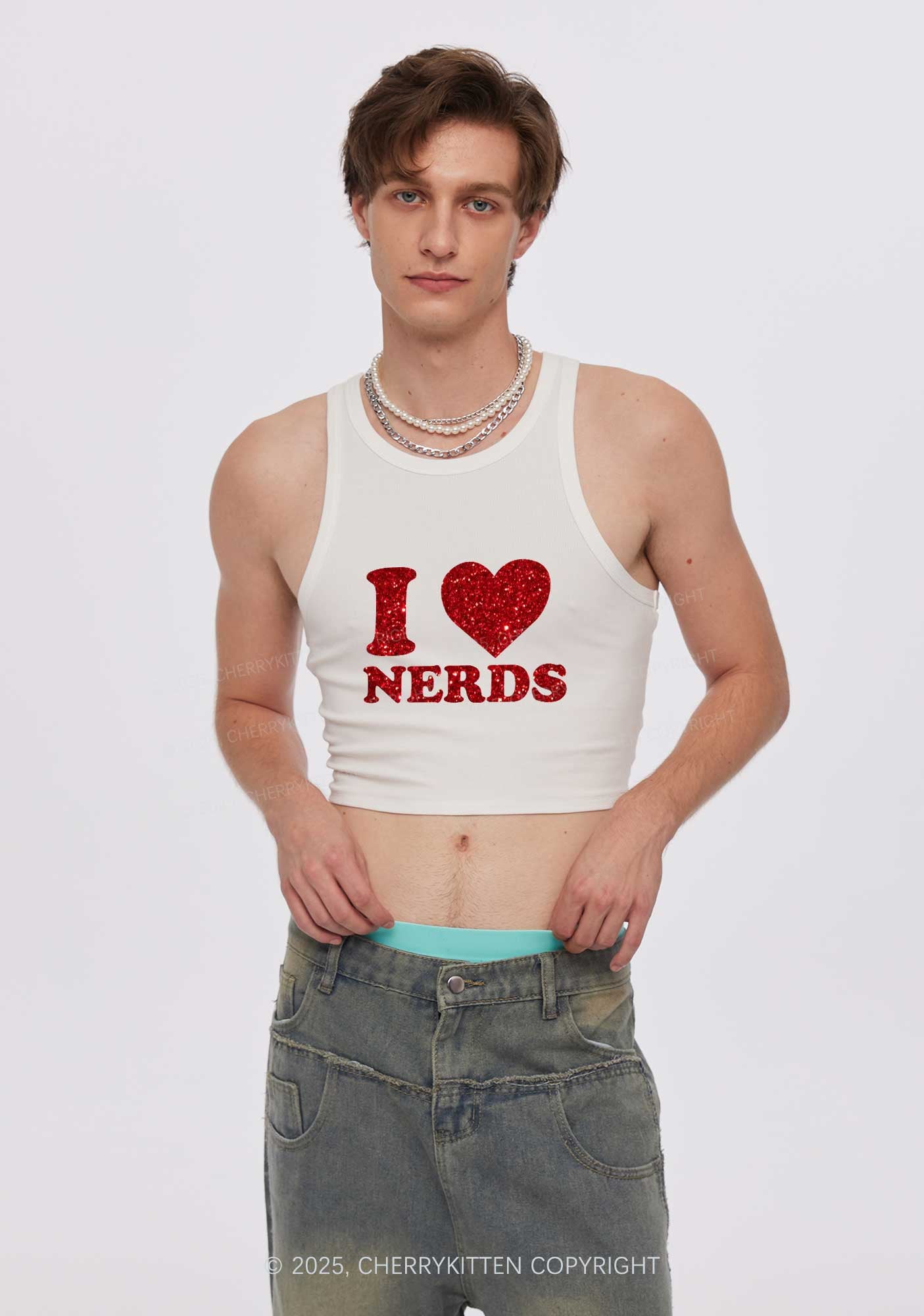 Glitter I Love Nerds Y2K Crop Tank Top Cherrykitten