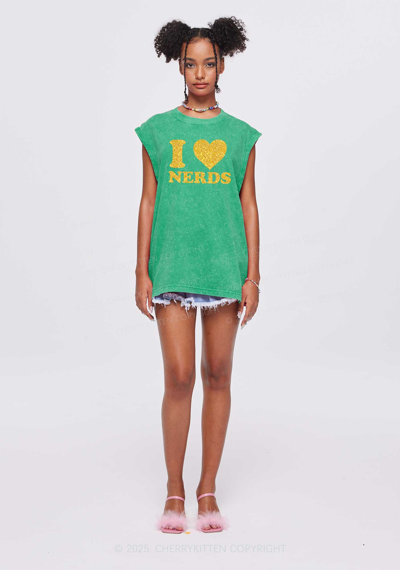 Glitter I Love Nerds Y2K Washed Muscle Tank Cherrykitten