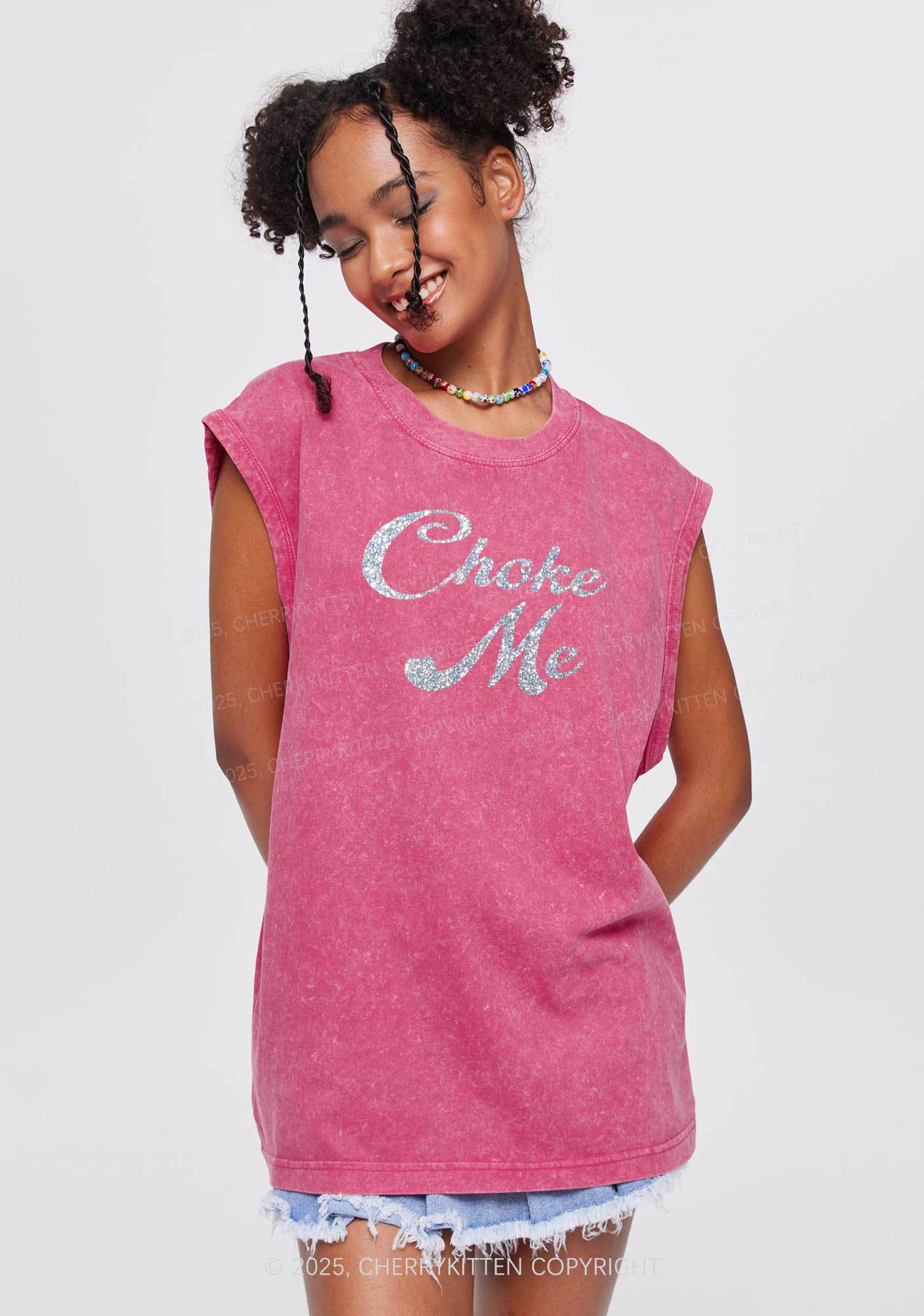 Glitter Choke Me Y2K Washed Muscle Tank Cherrykitten