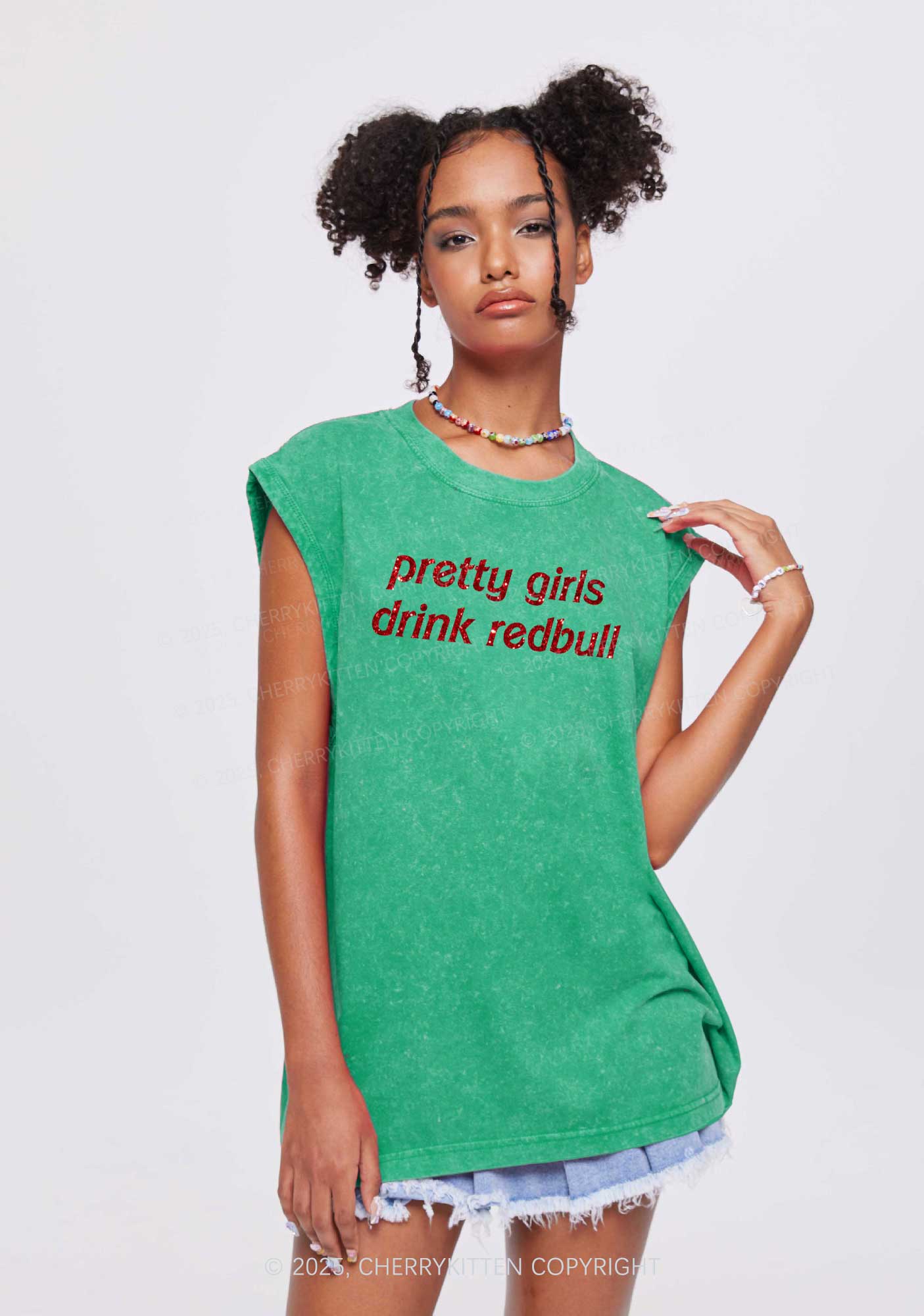 Glitter Pretty Girls Drink Redbull Y2K Washed Muscle Tank Cherrykitten