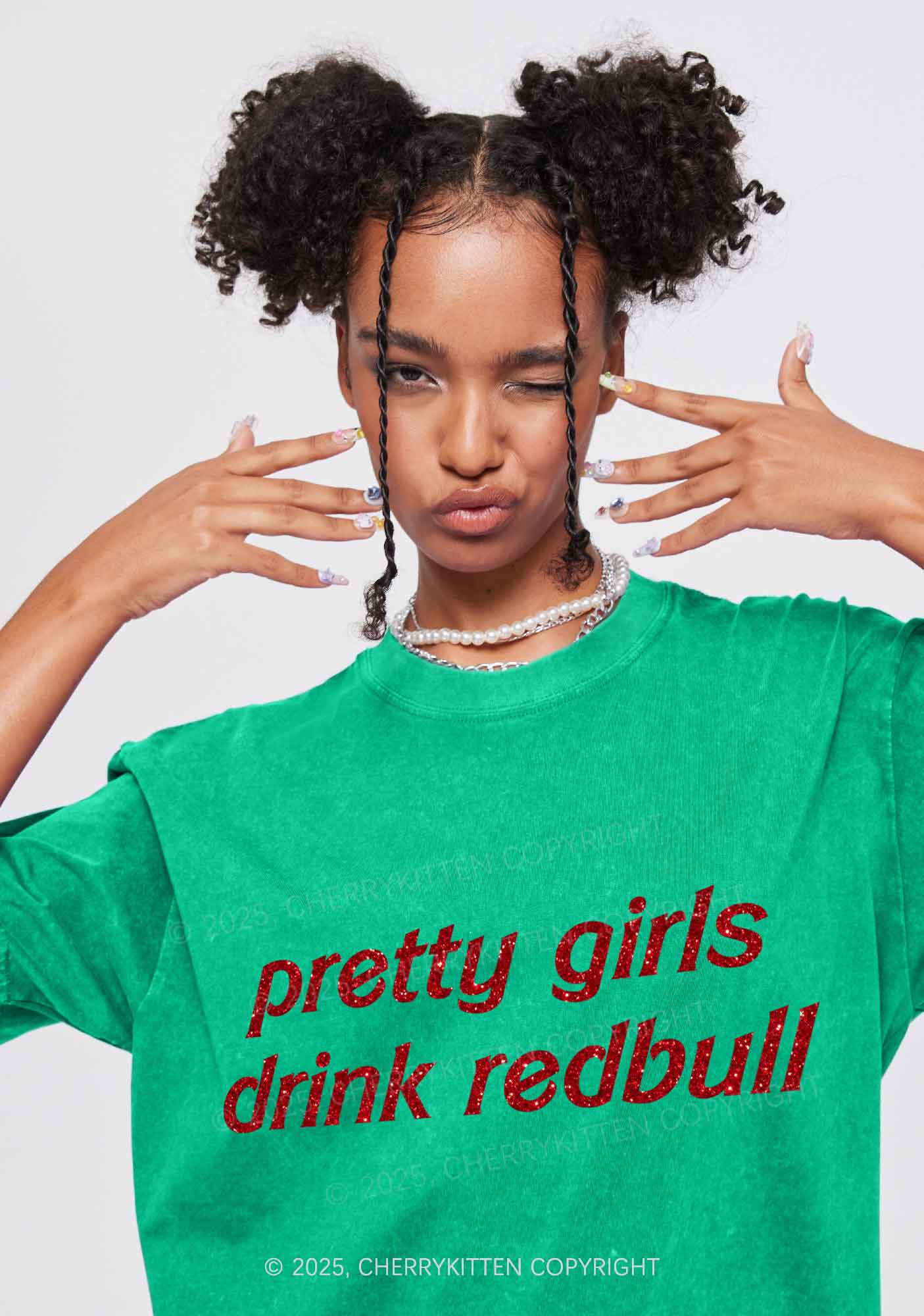 Glitter Pretty Girls Drink Redbull Y2K Shirts Washed Tee Cherrykitten