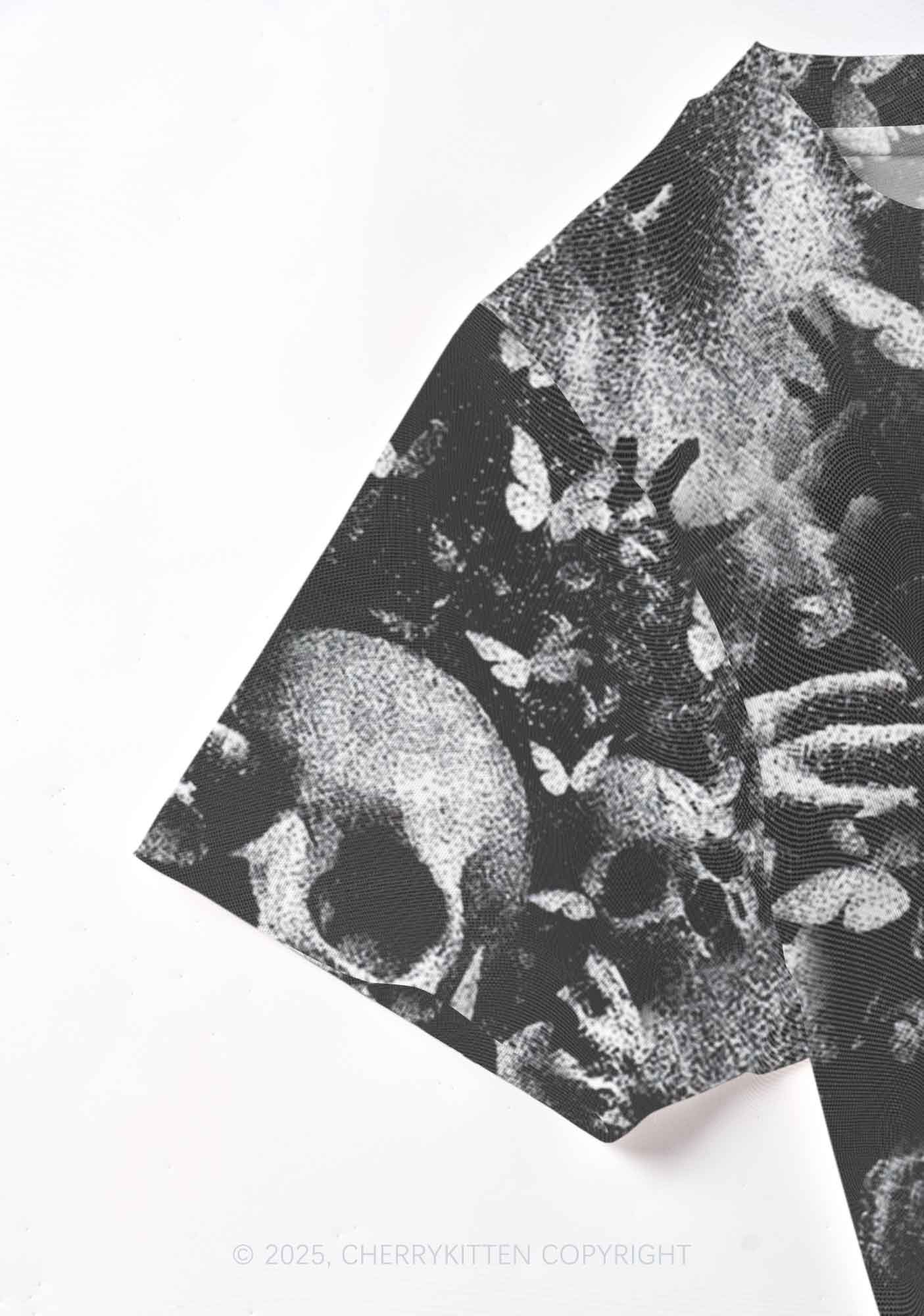 Halloween Gothic Skull Y2K Mesh Crop Top Cherrykitten
