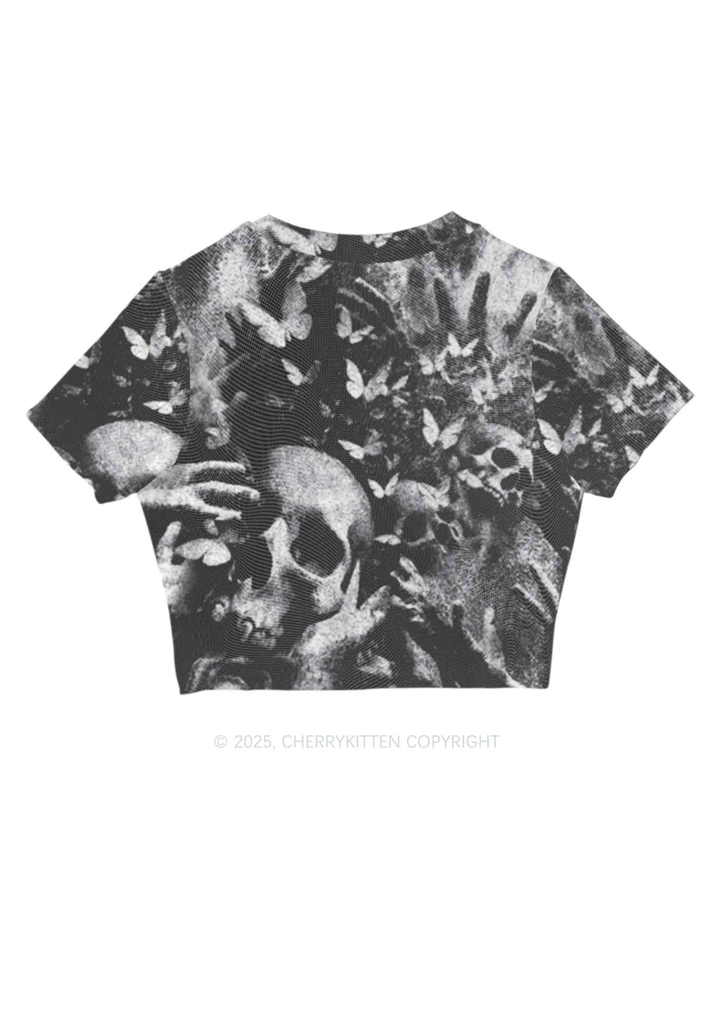 Halloween Gothic Skull Y2K Mesh Crop Top Cherrykitten
