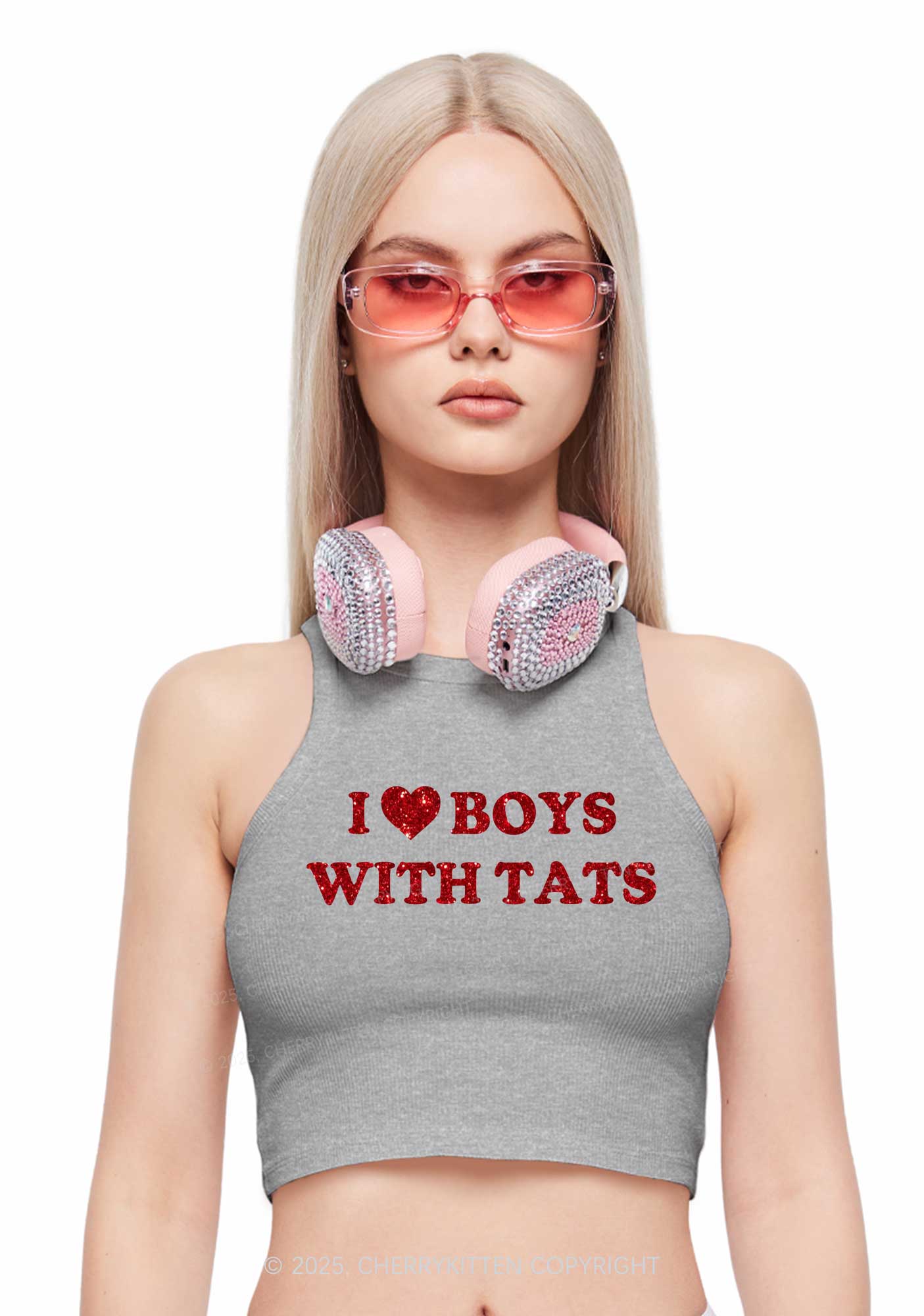Glitter I Love Boys With Tats Y2K Crop Tank Top Cherrykitten