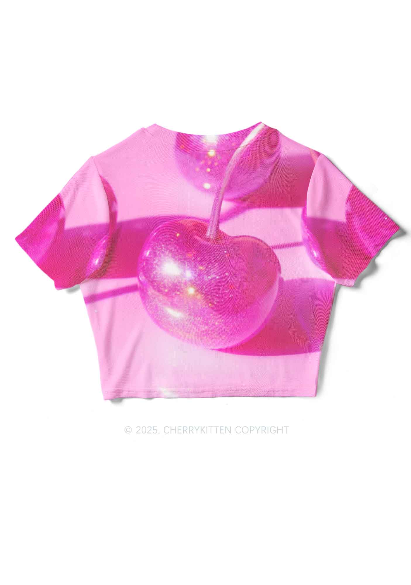 Glitter Pink Cherry Y2K Mesh Crop Top Cherrykitten