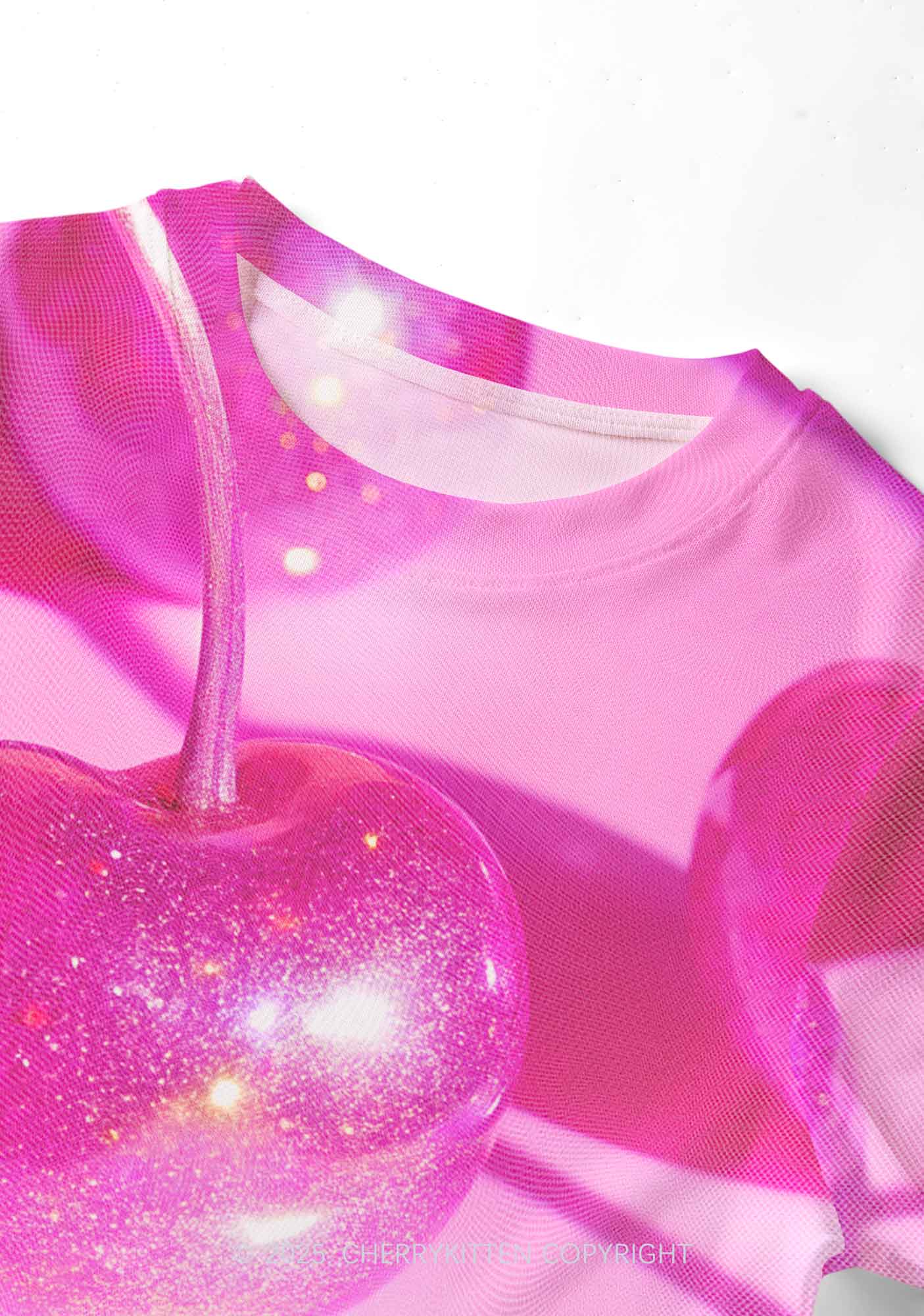 Glitter Pink Cherry Y2K Mesh Crop Top Cherrykitten