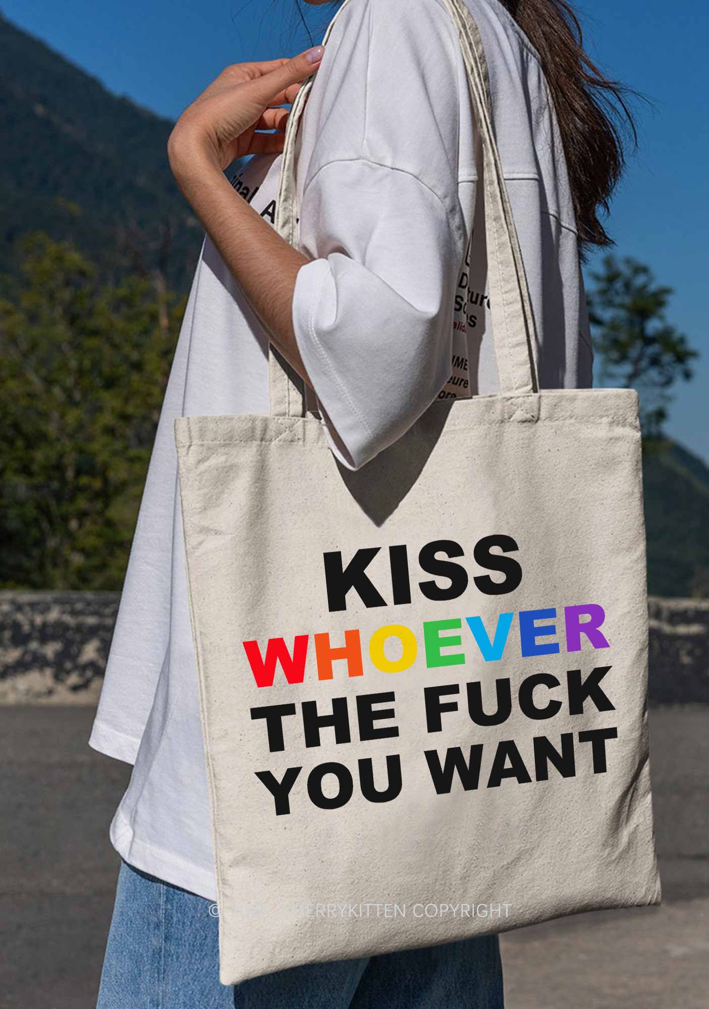 Kiss Whoever You Want Pride Y2K Canvas Tote Bag Cherrykitten