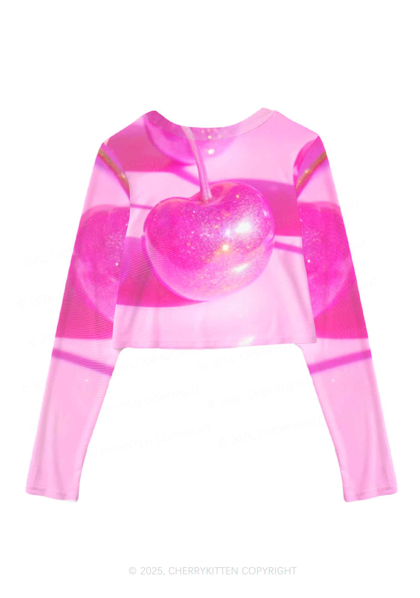 Glitter Pink Cherry Y2K Mesh Long Sleeve Crop Top Cherrykitten