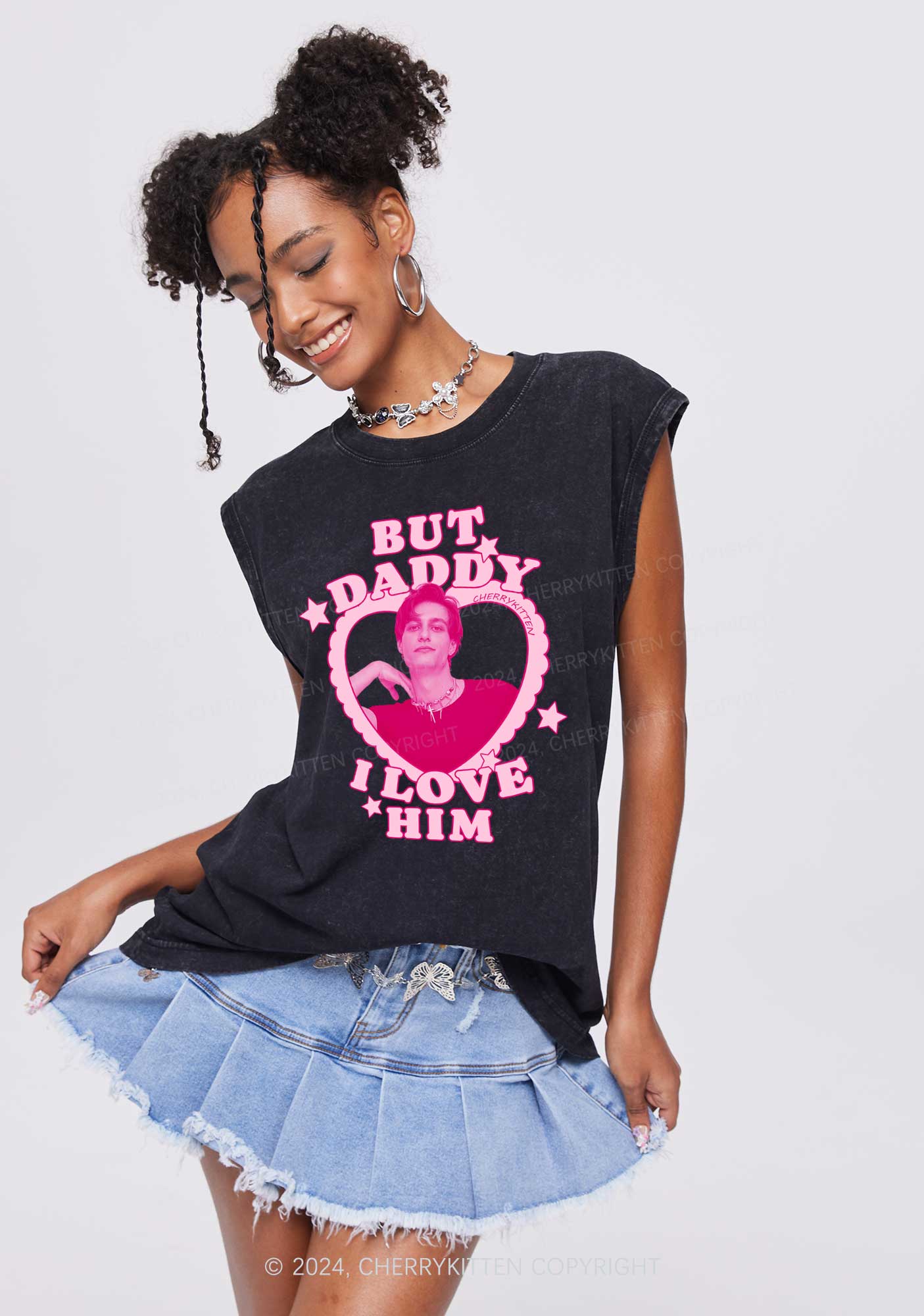 Custom I Love Him Photo Y2K Valentine's Day Washed Tank Cherrykitten